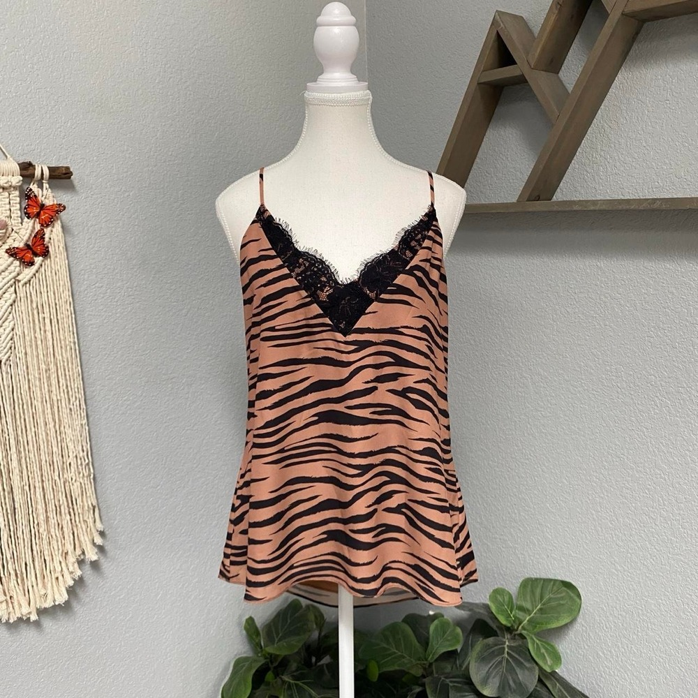 SOCIALITE TAN BROWN BLACK LACE TRIM CAMI TOP SLEEVELESS Y2K ANIMAL PRINT GRUNGE
